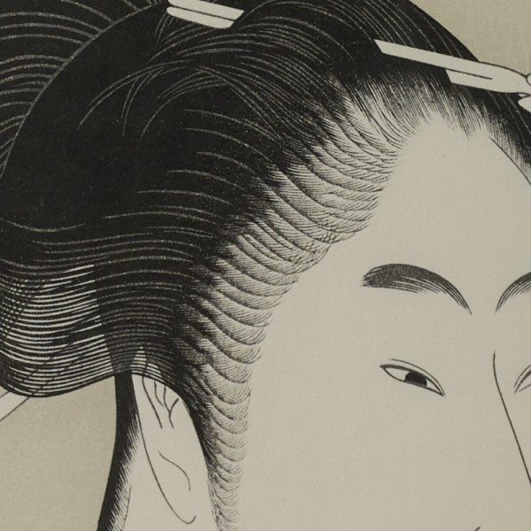 Kitagawa Utamaro, Comparing the Charms of Five Beauties: Suminoe from Shiba Woodblock Print, with frame
